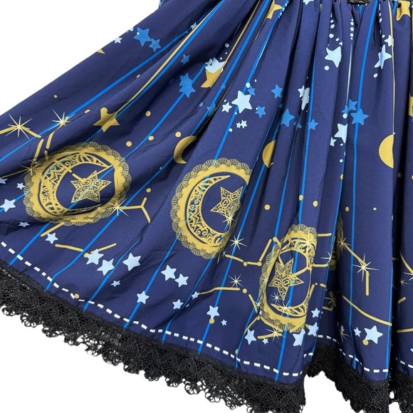 Lolita Star & Moon Celestial Skirt Navy Gold Lace Hem - Picture 2 of 5